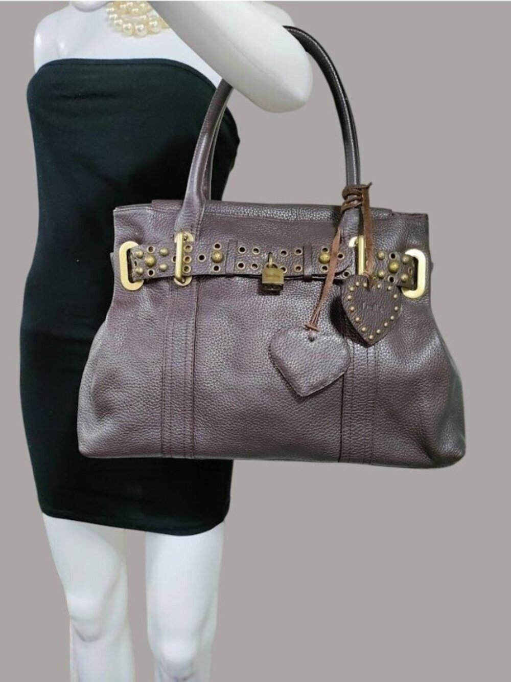Luella Brown Pebbled Leather Satchel Tote Bag - Picture 2 of 14